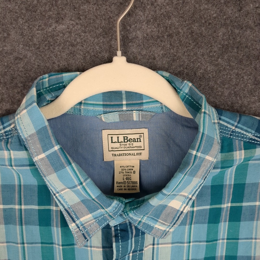 LL Bean Traditional Fit Short Sleeve Plaid Shirt Men‎ L-Reg Cotton Linen Tencel - Picture 7 of 12